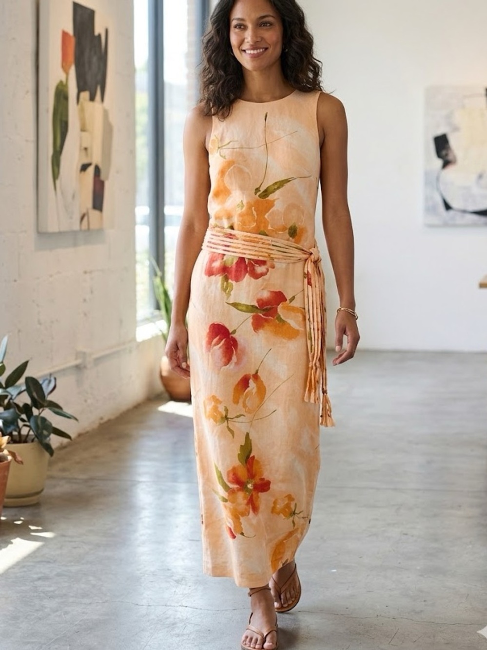 2 Friends Watercolor Floral Linen Maxi Dress with Self-Tie Belt Peach Size 4